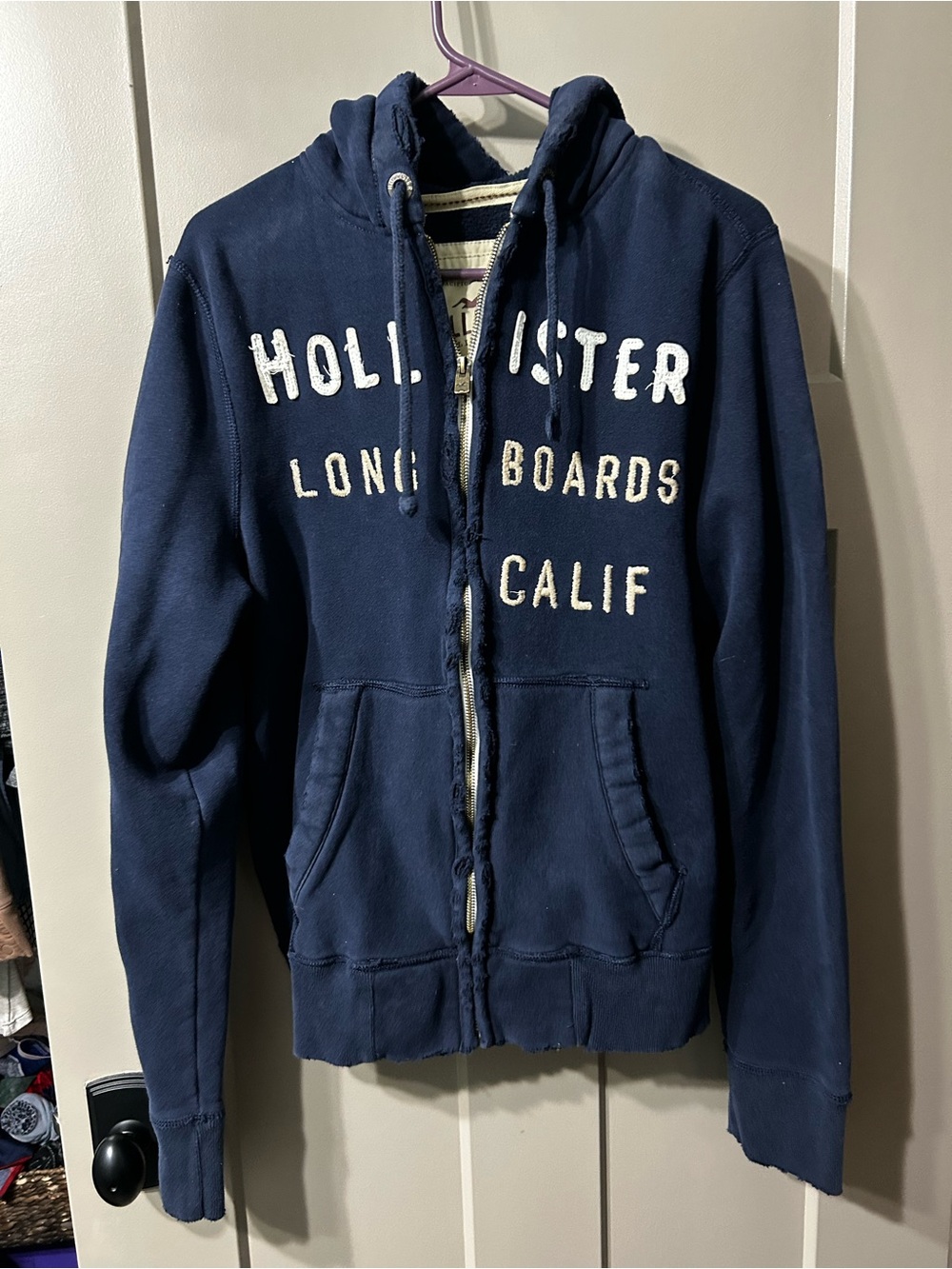 Hollister Navy Zip-Up Hoodie with Logo distressed vintage Y2K